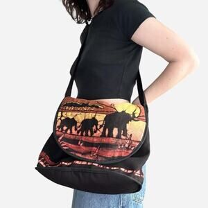 Handmade crossbody oversized hippie tote with elephant sunrise design
